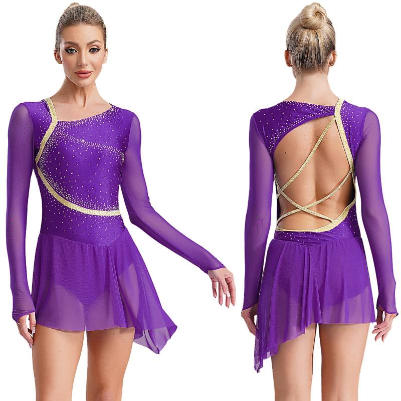 Damen Mädchen Modern Lyrical Ballet Tanzkleid Langarm Gymnastik Akrobatik Eiskunstlauf Trikots Cut Out Back Kleid S von Joom DACH