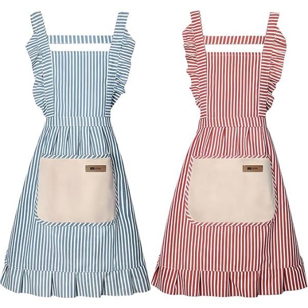 Damen Mädchen Schürze Küche - 2er-Set Kochschürzen mit Spitze Tasche Bänder Ölbeständig Fleckenabweisend Baumwolle Leinen Korallenfleece zum Kochen Backen Grillen 2pc blau/rosa von Joom DACH