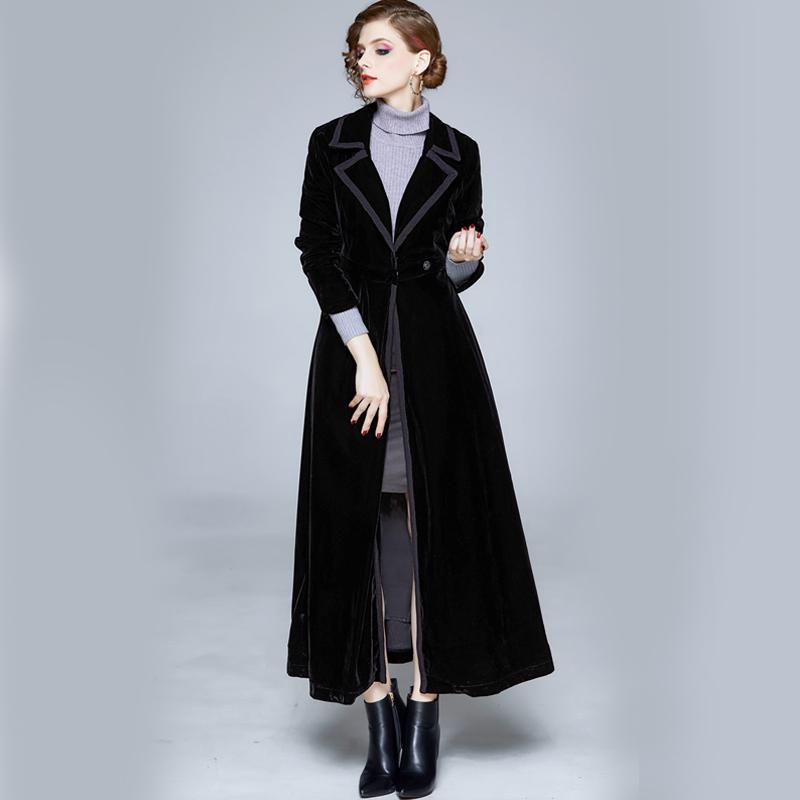 Damen Mantel Winter Frauen Vintage Kerbkragen Wickel Schwarzer Samt Maximantel Dicker Warmer Langer Trenchcoat Outwear L schwarz von Joom DACH