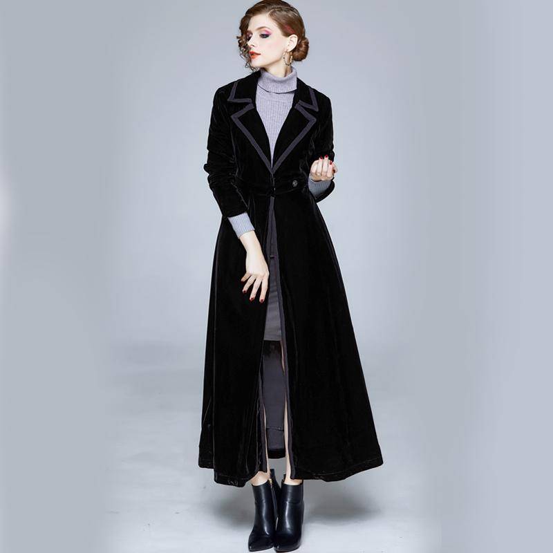 Damen Mantel Winter Frauen Vintage Kerbkragen Wickel Schwarzer Samt Maximantel Dicker Warmer Langer Trenchcoat Outwear L schwarz von Joom DACH