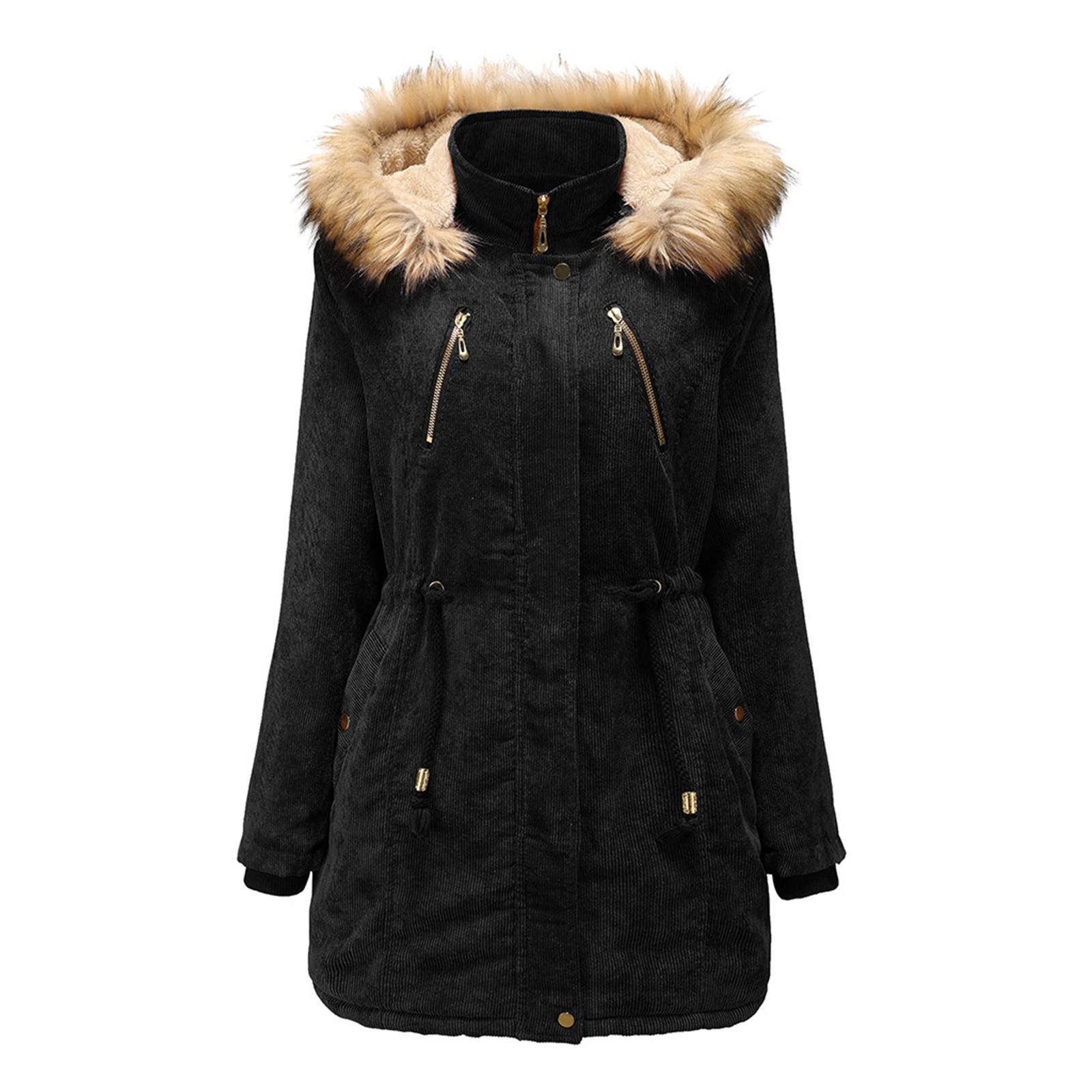 Damen-Mantel aus Cord mit Kapuze und Samt, Damen-Wintermantel aus Baumwolle, verdickte mittellange warme Jacke XXL schwarz von Joom DACH