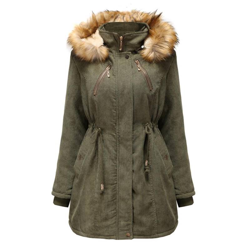 Damen-Mantel aus Cord mit Kapuze und Samt, Damen-Wintermantel aus Baumwolle, verdickte mittellange warme Jacke XXXL von Joom DACH