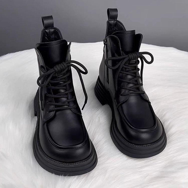 Damen Martin Boots aus weichem Leder mit Fleecefutter - 2024 Herbst/Winter Warm gefütterte Stiefeletten mit dicker Sohle, flachem Boden und vielseitigem verdicktem Baumwollfutter. 40 von Joom DACH