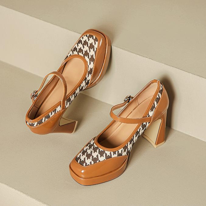 Damen Mary-Janes-Pumps mit Blockabsatz und Plateau, mit Schnalle, Riemchen und quadratischer Zehenpartie, elegante Schuhe für Damen, Mary-Janes-Pumps mit klobigem Absatz, geschlossene Zehenpartie 40 braun von Joom DACH