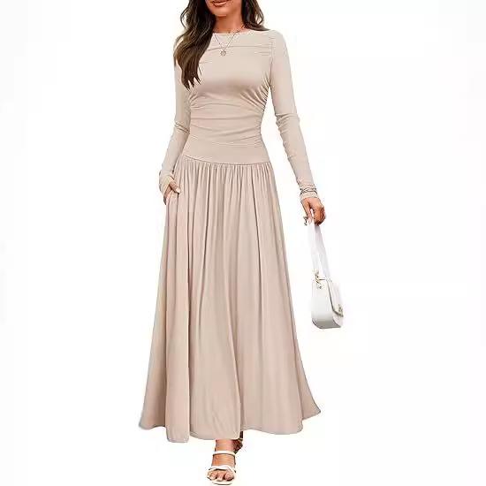 Damen Maxi-Kleid mit langen Ärmeln und Seitentaschen in 8 Farben L apricot von Joom DACH