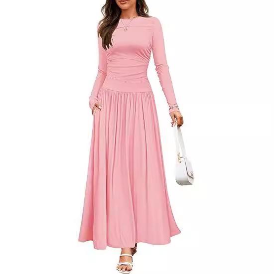 Damen Maxi-Kleid mit langen Ärmeln und Seitentaschen in 8 Farben L rosa von Joom DACH