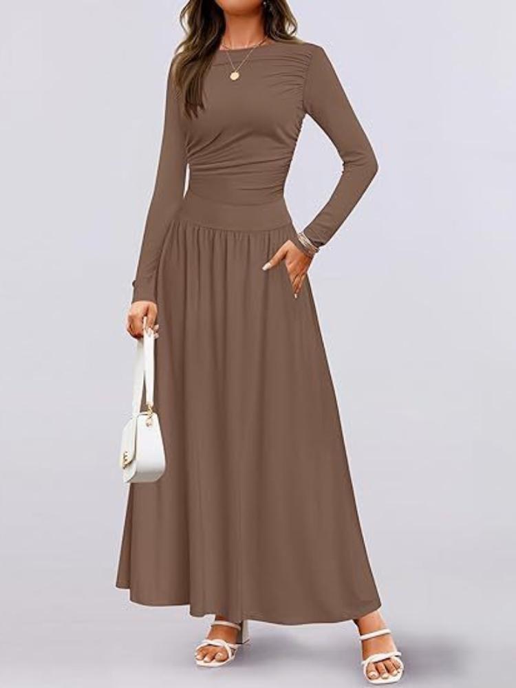 Damen Maxi-Kleid mit langen Ärmeln und Seitentaschen in 8 Farben L dunkelbraune von Joom DACH