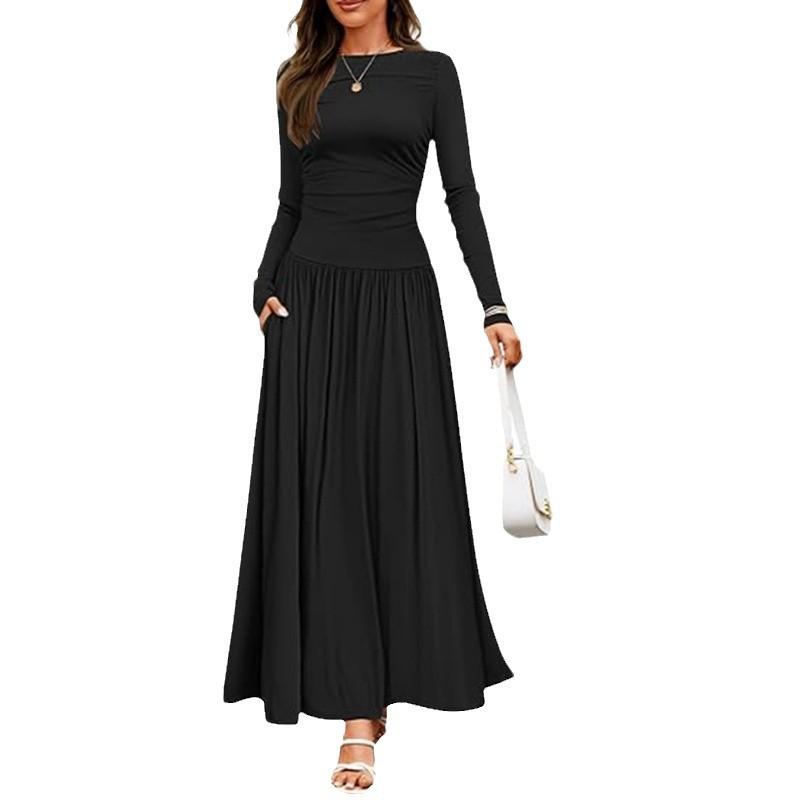 Damen Maxi-Kleid mit langen Ärmeln und Seitentaschen in 8 Farben M schwarz von Joom DACH