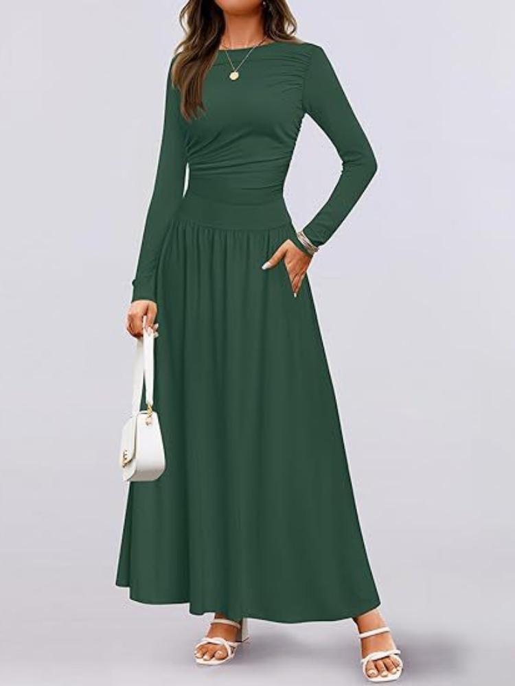 Damen Maxi-Kleid mit langen Ärmeln und Seitentaschen in 8 Farben S dunkelgrüne von Joom DACH
