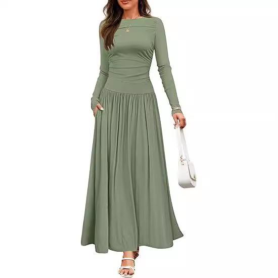 Damen Maxi-Kleid mit langen Ärmeln und Seitentaschen in 8 Farben XL von Joom DACH