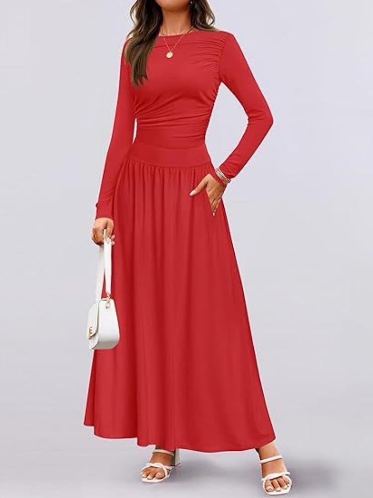 Damen Maxi-Kleid mit langen Ärmeln und Seitentaschen in 8 Farben XL rot von Joom DACH