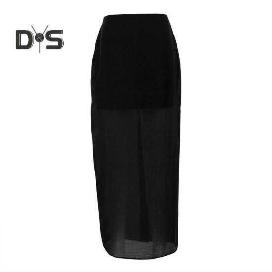 Damen Maxirock mit hoher Taille, Netzgarn-Abdeckung, Perspektive, einfarbig, Rock mit Hüftwickel, geteiltes Design, langer Rock L schwarz von Joom DACH