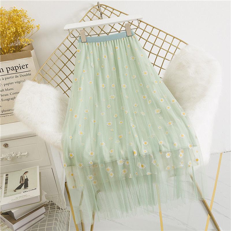 Damen Mesh-Rock Kleine Gänseblümchen Blumen Hohe Taille Dünner A-Linien-Rock Mittellanger Faltenrock Druckdekoration 2XL grün von Joom DACH