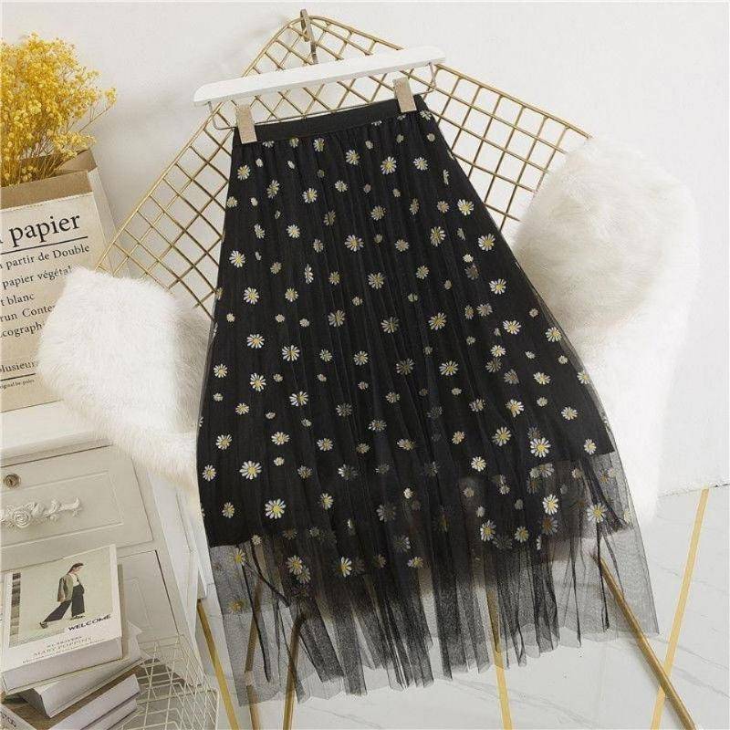 Damen Mesh-Rock Kleine Gänseblümchen Blumen Hohe Taille Dünner A-Linien-Rock Mittellanger Faltenrock Druckdekoration 2XL schwarz von Joom DACH