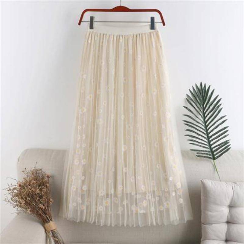 Damen Mesh-Rock Kleine Gänseblümchen Blumen Hohe Taille Dünner A-Linien-Rock Mittellanger Faltenrock Druckdekoration 2XL apricot von Joom DACH