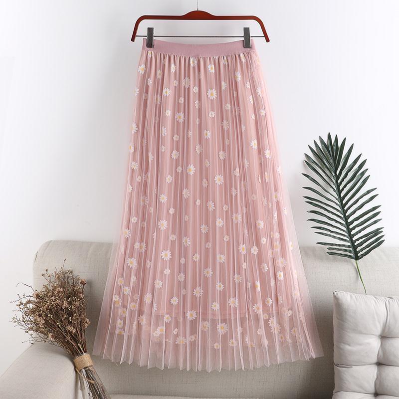 Damen Mesh-Rock Kleine Gänseblümchen Blumen Hohe Taille Dünner A-Linien-Rock Mittellanger Faltenrock Druckdekoration M rosa von Joom DACH