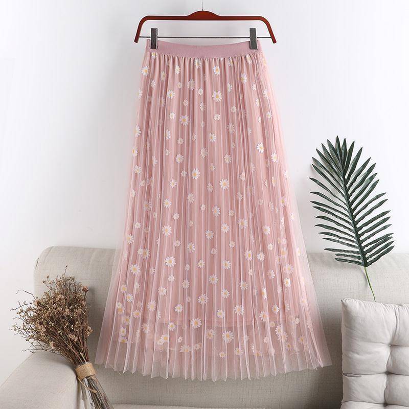 Damen Mesh-Rock Kleine Gänseblümchen Blumen Hohe Taille Dünner A-Linien-Rock Mittellanger Faltenrock Druckdekoration M rosa von Joom DACH