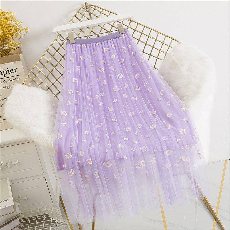 Damen Mesh-Rock Kleine Gänseblümchen Blumen Hohe Taille Dünner A-Linien-Rock Mittellanger Faltenrock Druckdekoration XL violett von Joom DACH