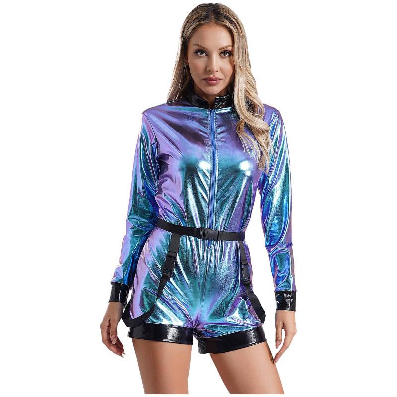 Damen Metallic Astronautenkostüm Raumanzug Raumfahrerin Overall Halloween Cosplay Outfit XL blau von Joom DACH