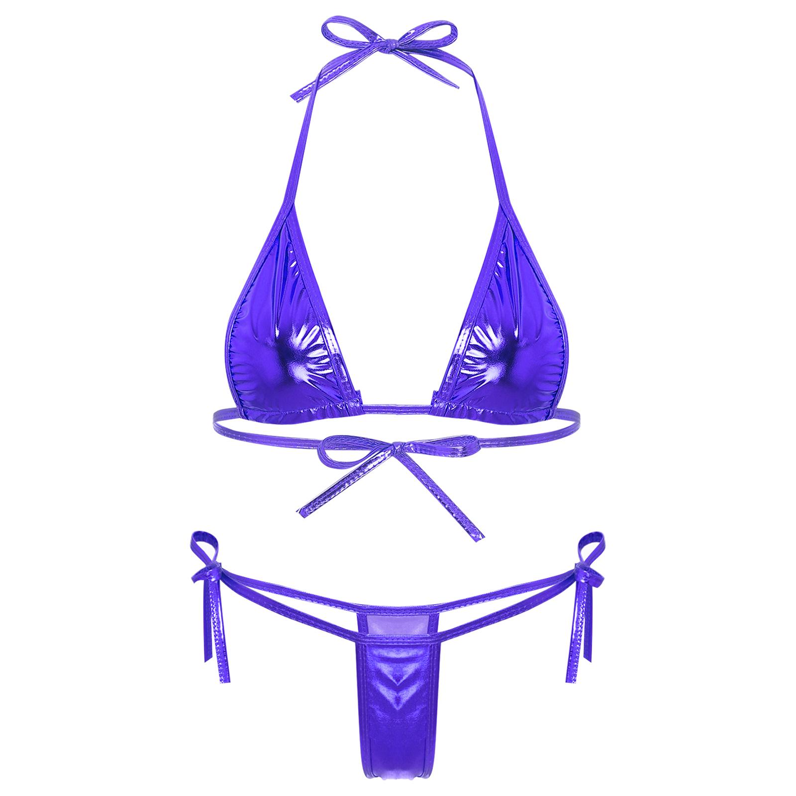 Damen Metallic-Bikini-Set mit Schnürung, Triangel-Oberteil, G-String, Bademode für Poolpartys One Size blau von Joom DACH