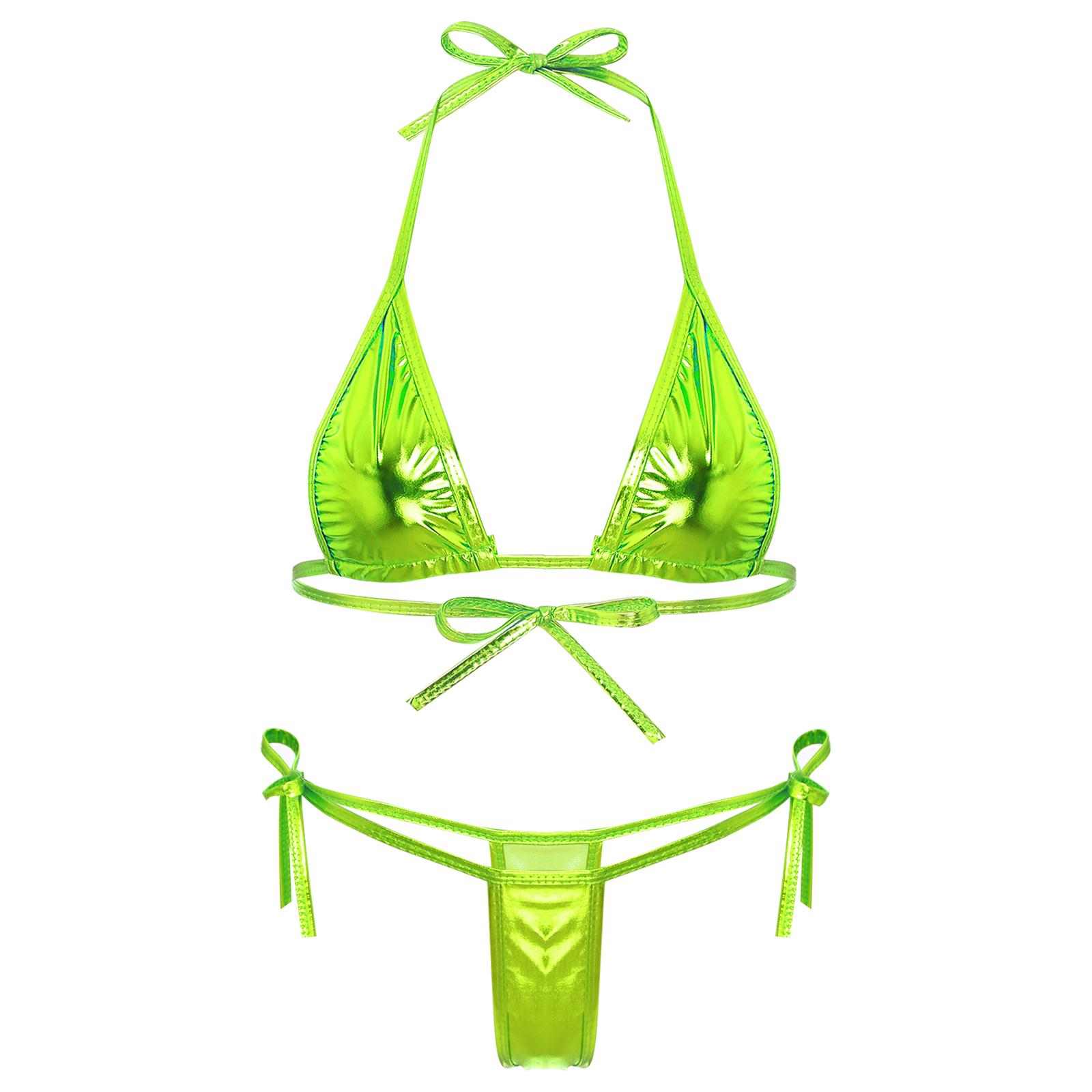 Damen Metallic-Bikini-Set mit Schnürung, Triangel-Oberteil, G-String, Bademode für Poolpartys One Size fluoreszierende gelbe von Joom DACH