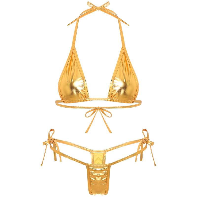 Damen Metallic-Bikini-Set mit Schnürung, Triangel-Oberteil, G-String, Bademode für Poolpartys One Size gold Damen Metallic-Bikini-Set mit Schnürung, Triangel-Oberteil, G-String, Bademode für Poolpartys One Size gold von Joom DACH