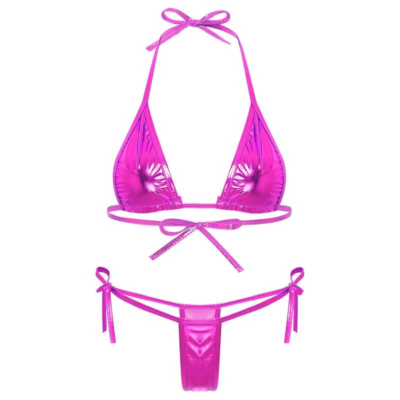 Damen Metallic-Bikini-Set mit Schnürung, Triangel-Oberteil, G-String, Bademode für Poolpartys One Size heißes rosa Damen Metallic-Bikini-Set mit Schnürung, Triangel-Oberteil, G-String, Bademode für Poolpartys One Size heißes rosa von Joom DACH