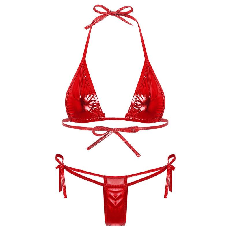 Damen Metallic-Bikini-Set mit Schnürung, Triangel-Oberteil, G-String, Bademode für Poolpartys One Size rot Damen Metallic-Bikini-Set mit Schnürung, Triangel-Oberteil, G-String, Bademode für Poolpartys One Size rot von Joom DACH