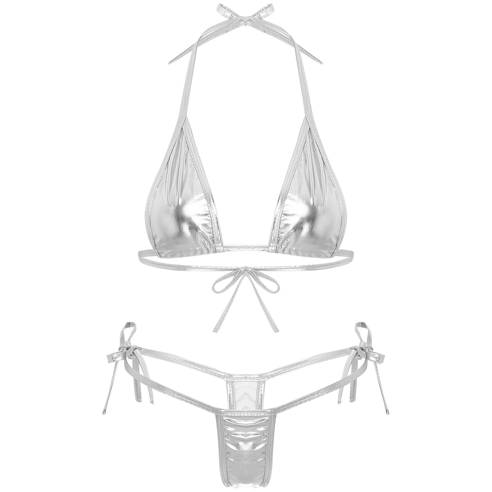Damen Metallic-Bikini-Set mit Schnürung, Triangel-Oberteil, G-String, Bademode für Poolpartys One Size silber von Joom DACH