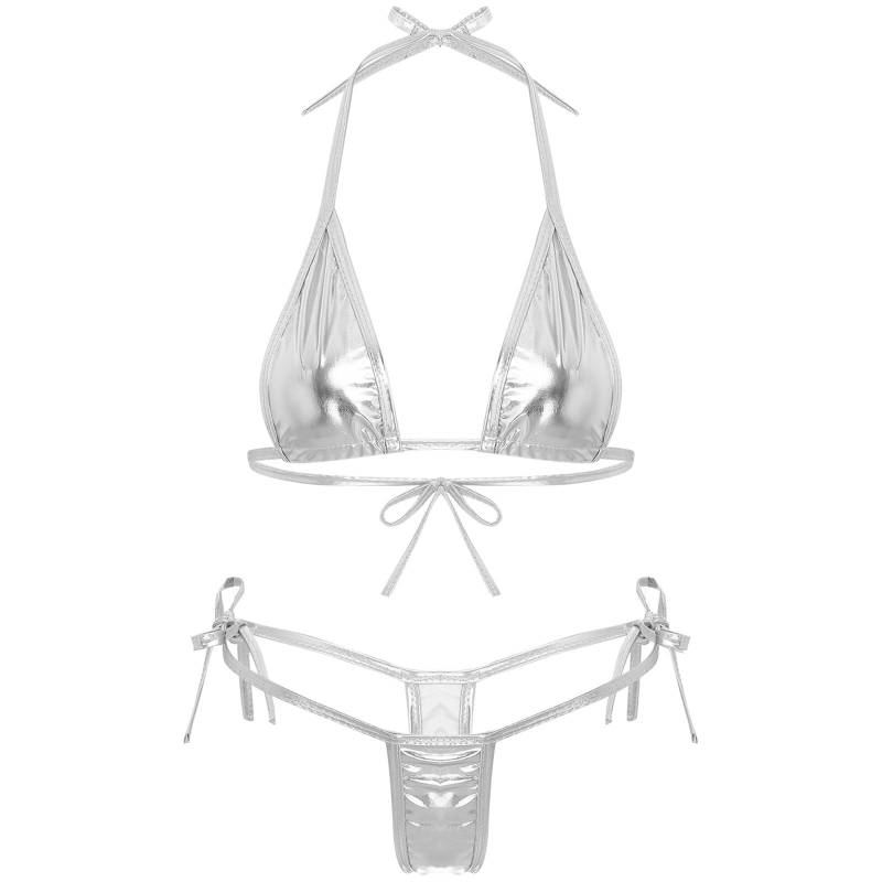 Damen Metallic-Bikini-Set mit Schnürung, Triangel-Oberteil, G-String, Bademode für Poolpartys One Size silber Damen Metallic-Bikini-Set mit Schnürung, Triangel-Oberteil, G-String, Bademode für Poolpartys One Size silber von Joom DACH