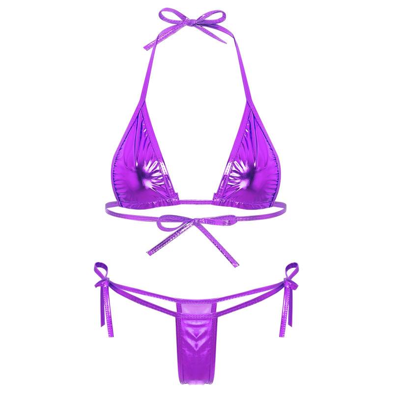 Damen Metallic-Bikini-Set mit Schnürung, Triangel-Oberteil, G-String, Bademode für Poolpartys One Size violett Damen Metallic-Bikini-Set mit Schnürung, Triangel-Oberteil, G-String, Bademode für Poolpartys One Size violett von Joom DACH