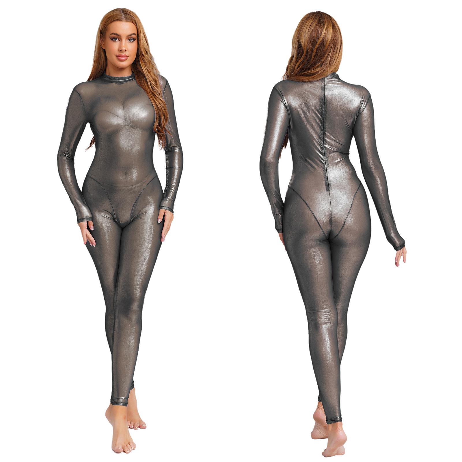 Damen Metallic Glänzend Ganzkörper Unitards Durchsichtig Rave Party Nachtclub Jumpsuit Langarm Lange Hose Rückenreißverschluss Catsuit Clubwear L schwarz von Joom DACH