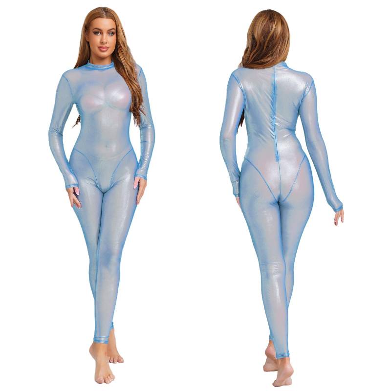 Damen Metallic Glänzend Ganzkörper Unitards Durchsichtig Rave Party Nachtclub Jumpsuit Langarm Lange Hose Rückenreißverschluss Catsuit Clubwear L hellblaue von Joom DACH