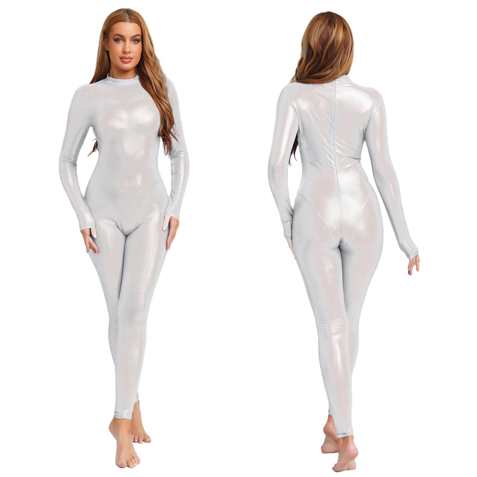 Damen Metallic Glänzend Ganzkörper Unitards Durchsichtig Rave Party Nachtclub Jumpsuit Langarm Lange Hose Rückenreißverschluss Catsuit Clubwear M von Joom DACH