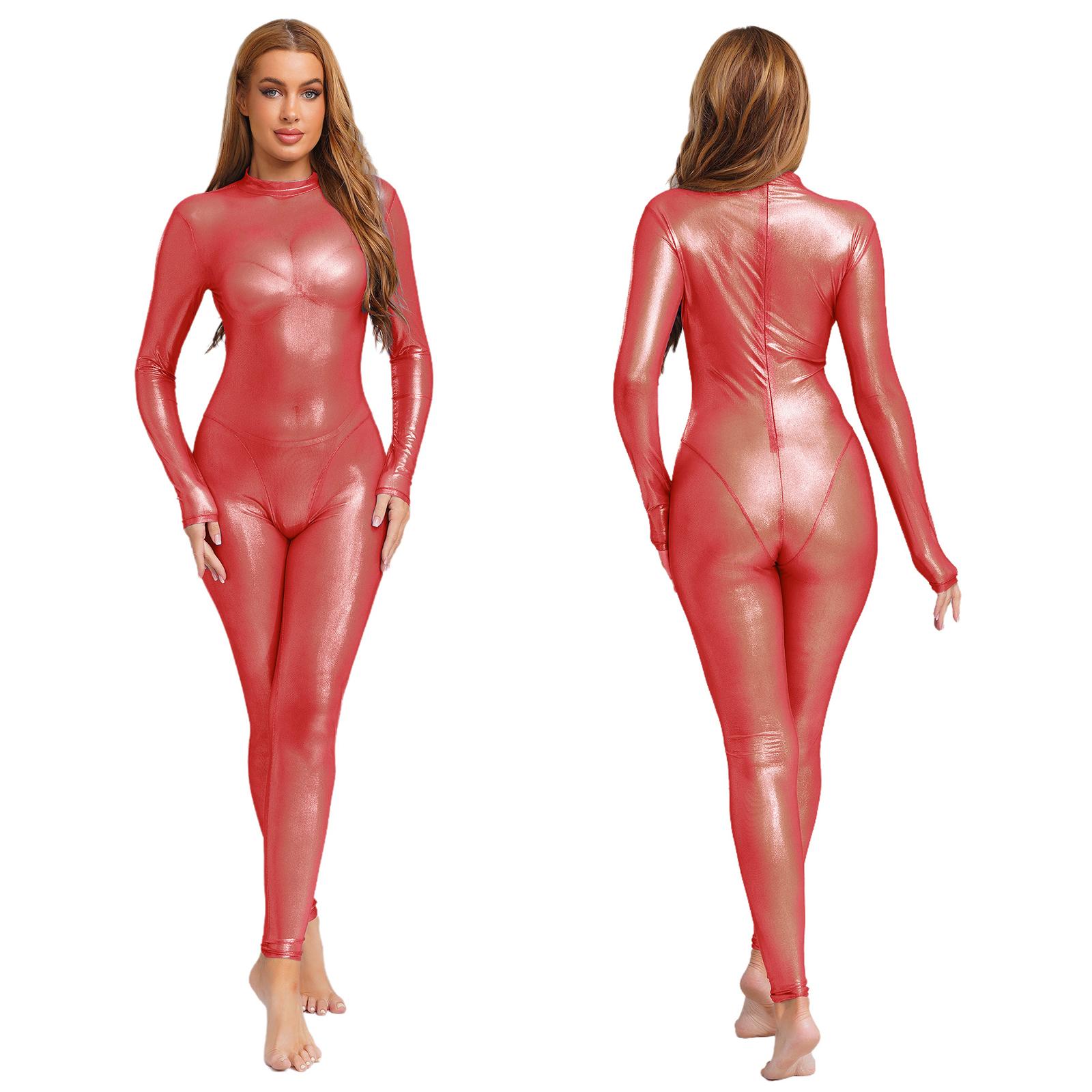 Damen Metallic Glänzend Ganzkörper Unitards Durchsichtig Rave Party Nachtclub Jumpsuit Langarm Lange Hose Rückenreißverschluss Catsuit Clubwear XXL rot von Joom DACH
