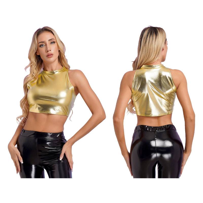 Damen Metallic Glänzende Crop Tops Mock Neck Ärmellose Weste Stilvolles Slim Fit Tanktop für Tanz Nachtclub Karneval L gold von Joom DACH