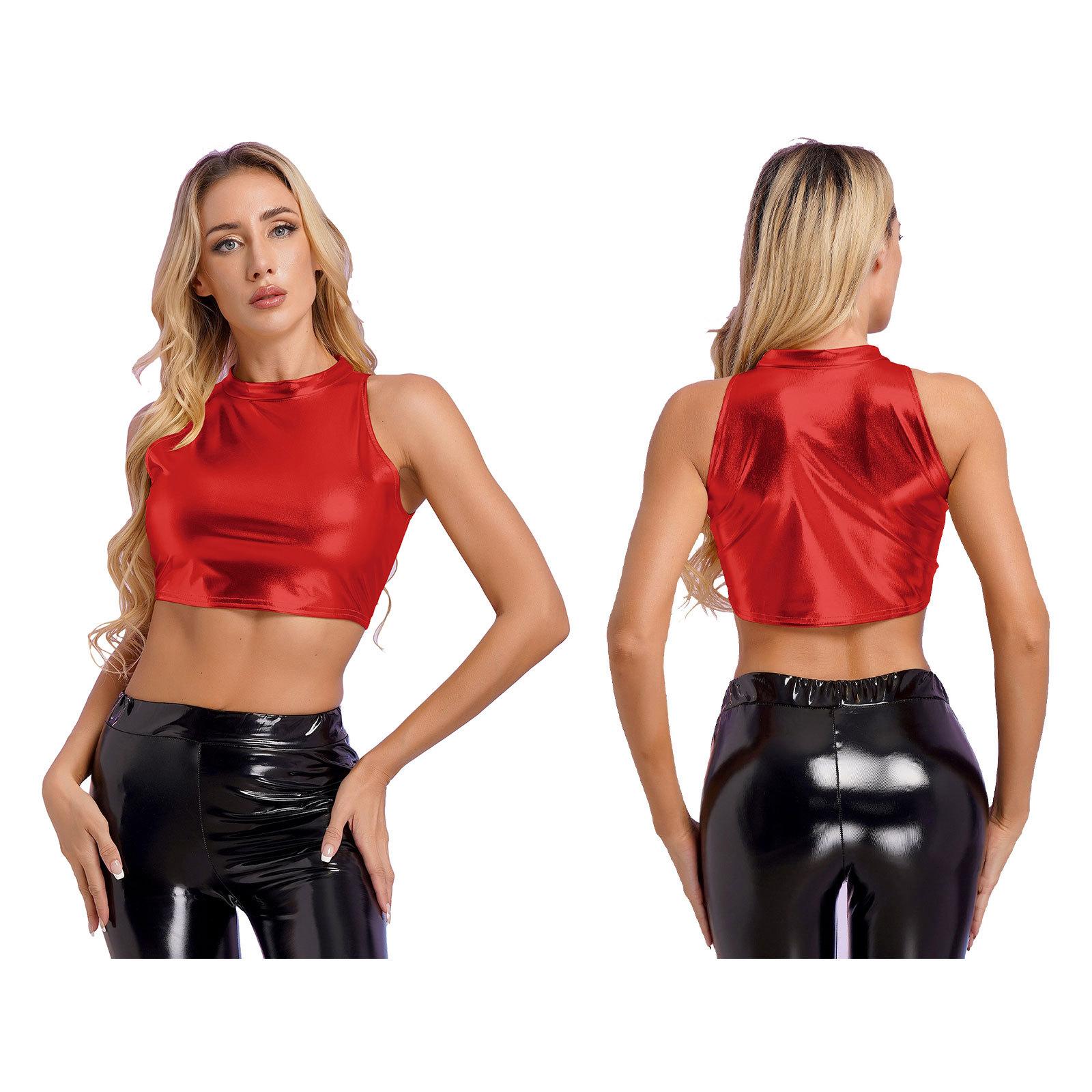 Damen Metallic Glänzende Crop Tops Mock Neck Ärmellose Weste Stilvolles Slim Fit Tanktop für Tanz Nachtclub Karneval M rot von Joom DACH