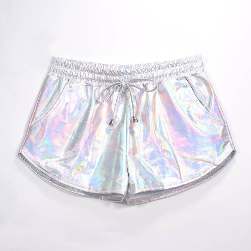 Damen Metallic Glänzende Shorts Laufhose Jogger Yoga Disco Dance Hotpants Kordelzug Elastische Taille Outfits Kurze Hosen S bunt/silber von Joom DACH