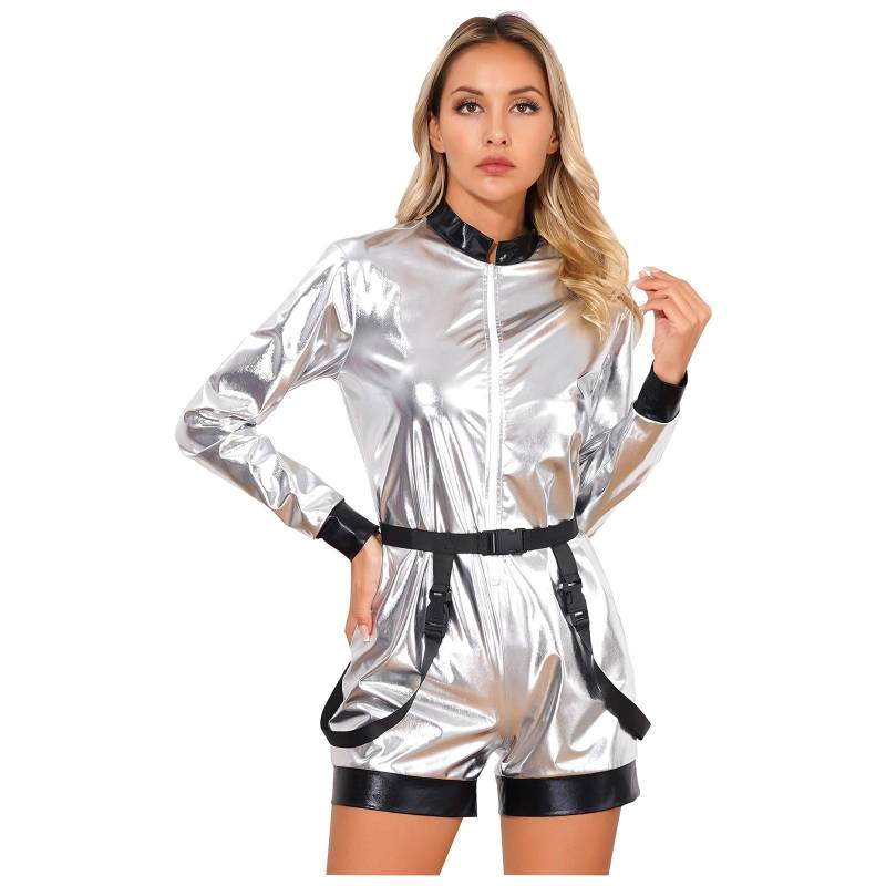 Damen Metallic Glänzender Astronauten-Overall mit Taillengürtel Frontreißverschluss Boyshorts Bodysuit Verkleidungskostüme für Halloween Weihnachten 3XL silber von Joom DACH