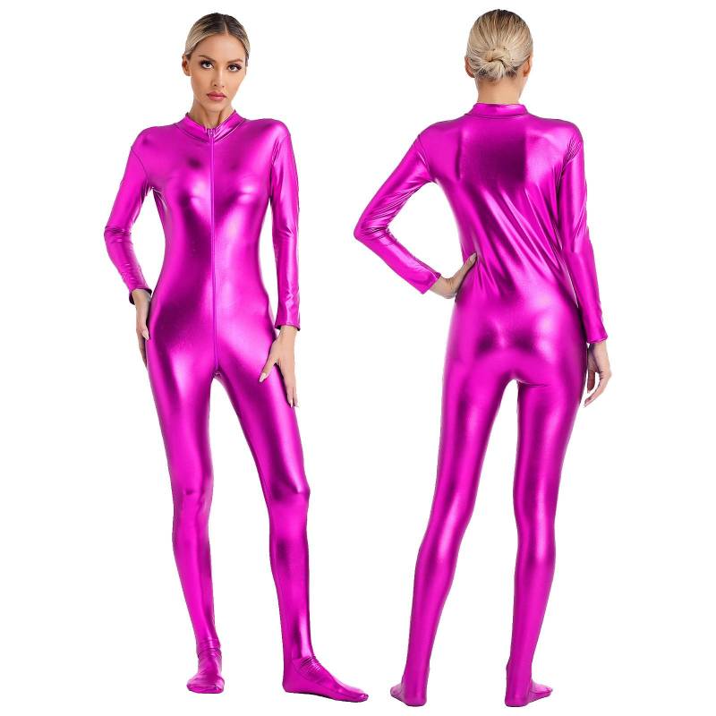 Damen Metallic Glänzender Zentai Jumpsuit Mock Neck Langarm Reißverschluss vorne Ganzkörper Unitard Strumpfhose für Tanzaufführung heißes rosa von Joom DACH