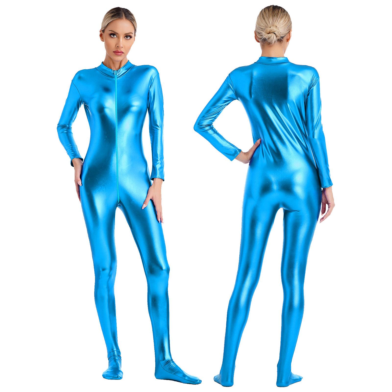 Damen Metallic Glänzender Zentai Jumpsuit Mock Neck Langarm Reißverschluss vorne Ganzkörper Unitard Strumpfhose für Tanzaufführung 3XL von Joom DACH
