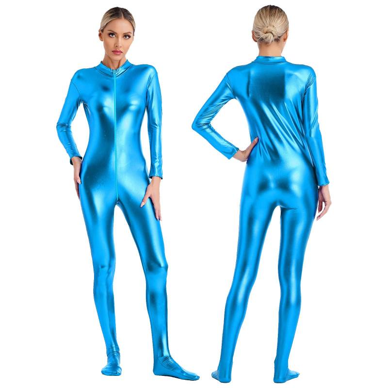 Damen Metallic Glänzender Zentai Jumpsuit Mock Neck Langarm Reißverschluss vorne Ganzkörper Unitard Strumpfhose für Tanzaufführung 3XL von Joom DACH