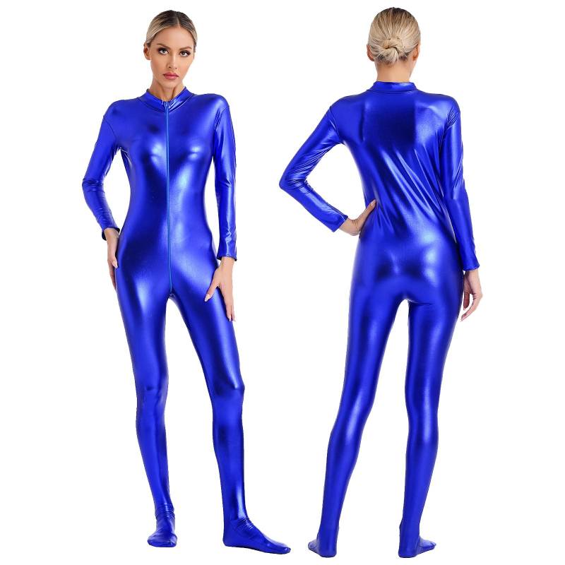 Damen Metallic Glänzender Zentai Jumpsuit Mock Neck Langarm Reißverschluss vorne Ganzkörper Unitard Strumpfhose für Tanzaufführung M von Joom DACH