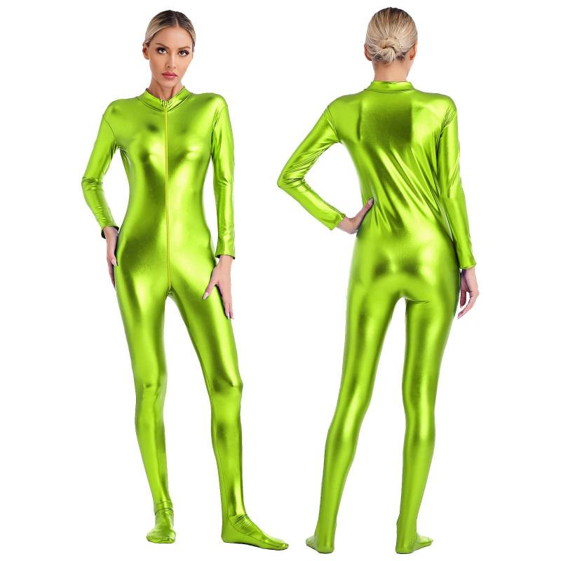 Damen Metallic Glänzender Zentai Jumpsuit Mock Neck Langarm Reißverschluss vorne Ganzkörper Unitard Strumpfhose für Tanzaufführung XL hellgrüne von Joom DACH