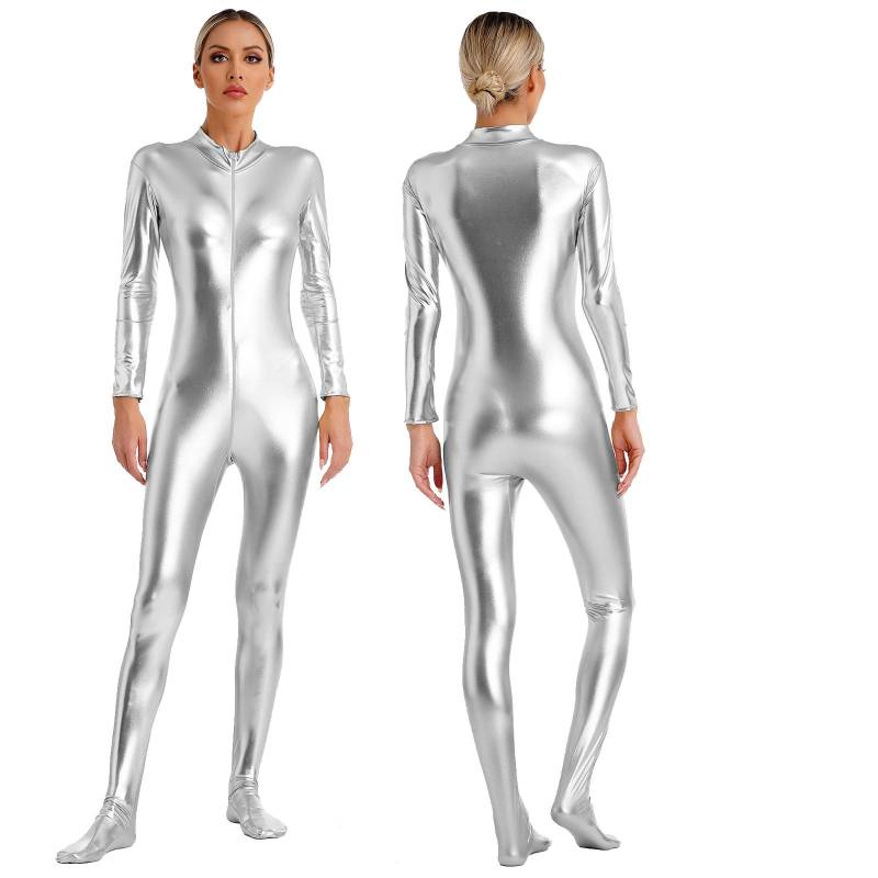 Damen Metallic Glänzender Zentai Jumpsuit Mock Neck Langarm Reißverschluss vorne Ganzkörper Unitard Strumpfhose für Tanzaufführung XXL silber von Joom DACH