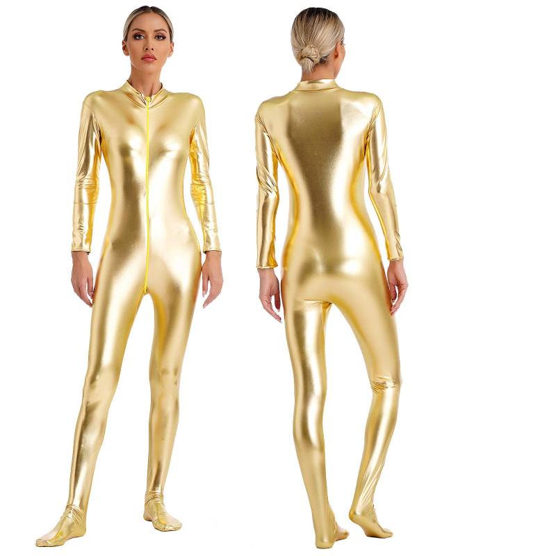 Damen Metallic Glänzender Zentai Jumpsuit Mock Neck Langarm Reißverschluss vorne Ganzkörper Unitard Strumpfhose für Tanzaufführung 3XL gold von Joom DACH