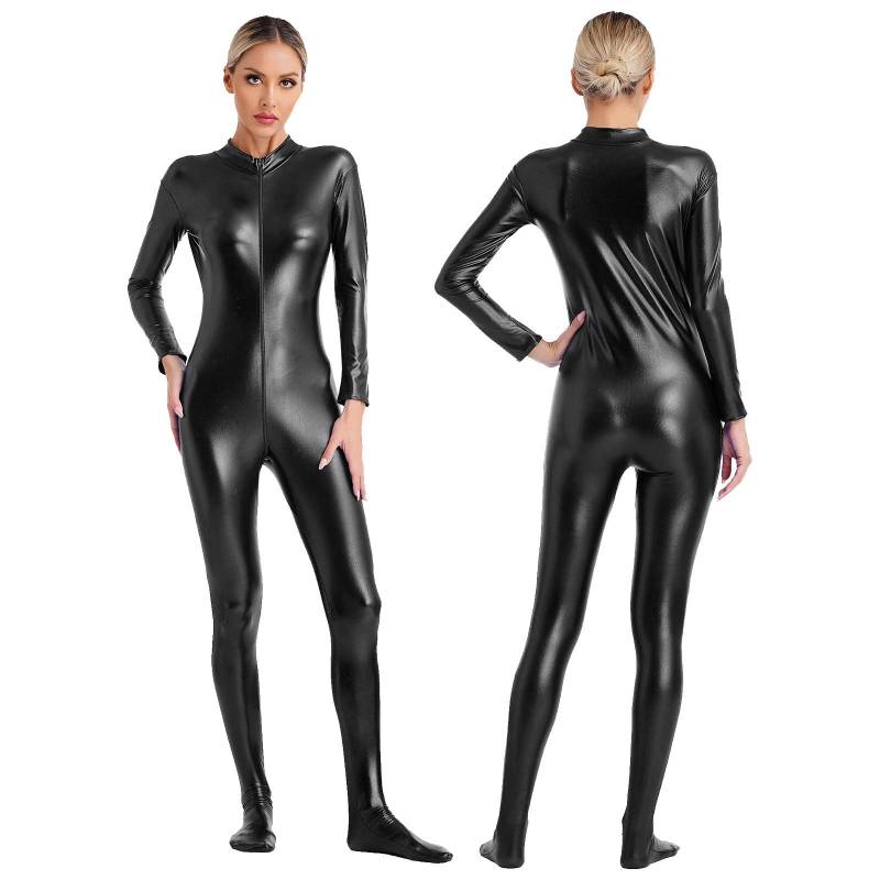 Damen Metallic Glänzender Zentai Jumpsuit Mock Neck Langarm Reißverschluss vorne Ganzkörper Unitard Strumpfhose für Tanzaufführung schwarz von Joom DACH