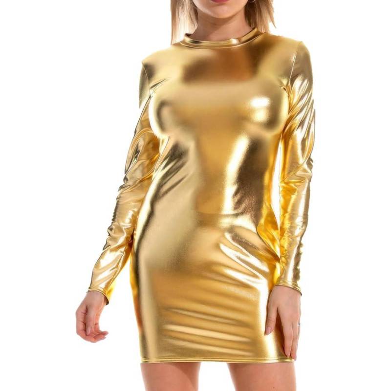 Damen Metallic-Minikleid mit Rundhalsausschnitt, langen Ärmeln, figurbetontes Bleistiftkleid für Party und Club XL gold von Joom DACH