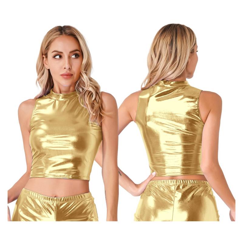 Damen Metallic Mock Neck Crop Top Kunstleder Weste Tops Glänzend Rave Party Clubwear S gold von Joom DACH