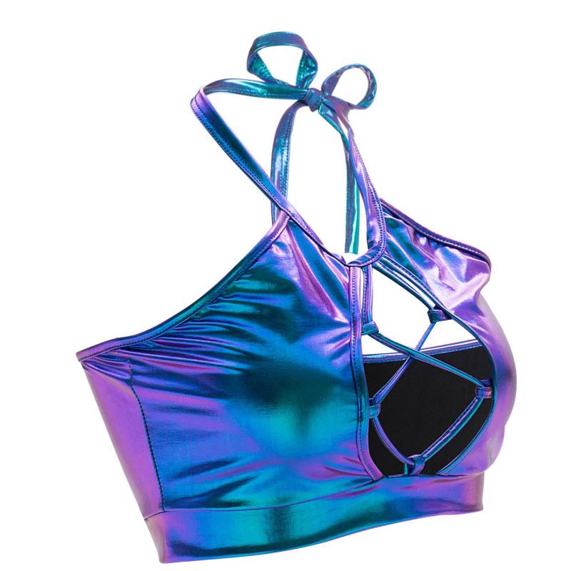 Damen Metallic-Neckholder-Tanktop, ärmellos, Spaghettiträger, Unterhemd, Weste, BH, bauchfreies Tube-Top für Party und Club S bunt/blau von Joom DACH